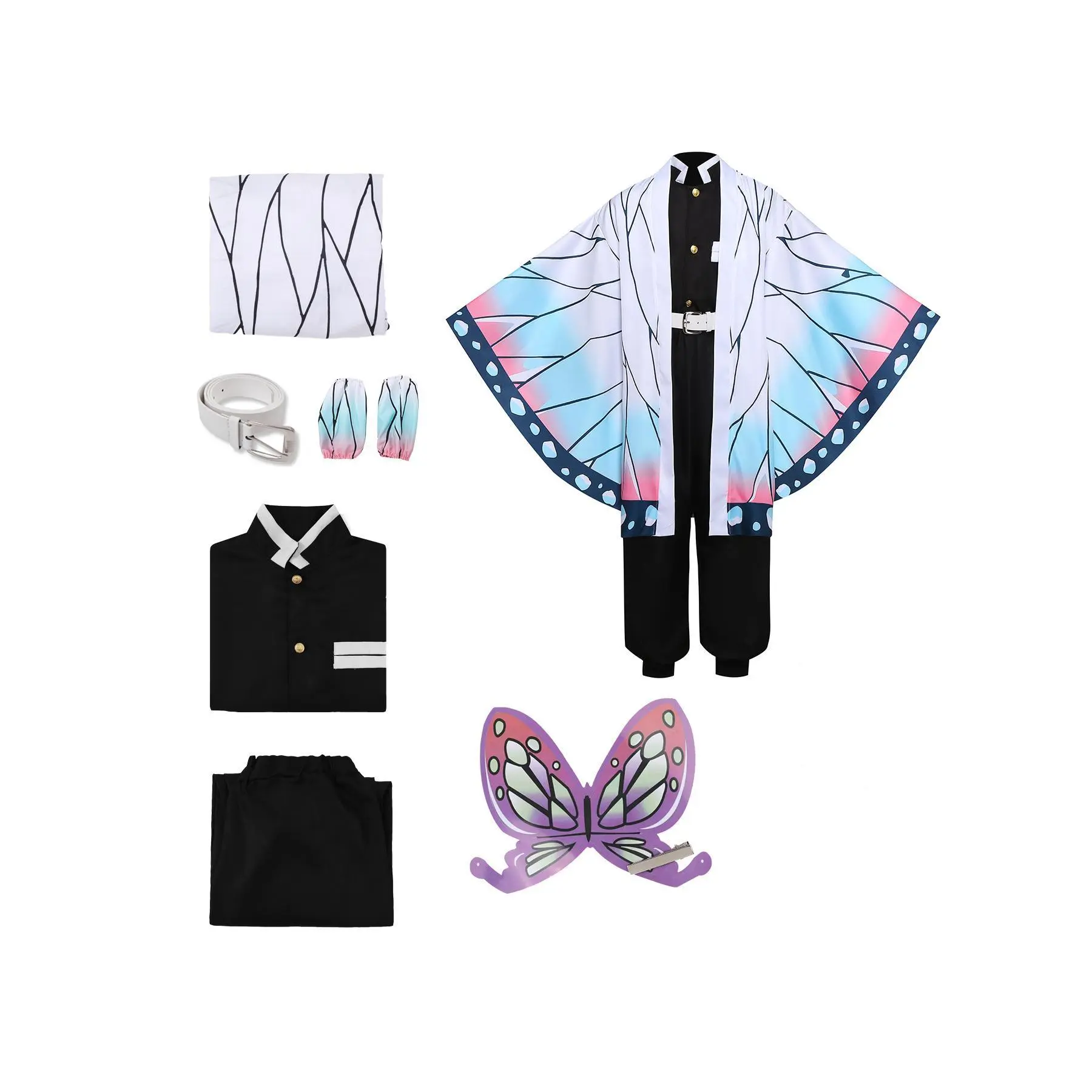 Demon Slayer Shinobu Butterfly Pattern Cosplay Costume Set - Adult/Kid Regular-Fit Polyester Haori Jacket Uniform, Halloween Anime Outfit, Size S, Anime Demon Slayer