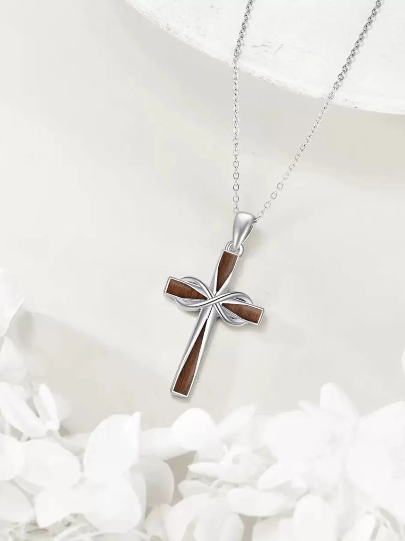 Handcrafted Wood Inlay Cross Necklace for Women Men, Stainless Steel Religious Pendant with Unique Twisted Design, Spiritual Christian Jewelry Gift for Baptism Easter