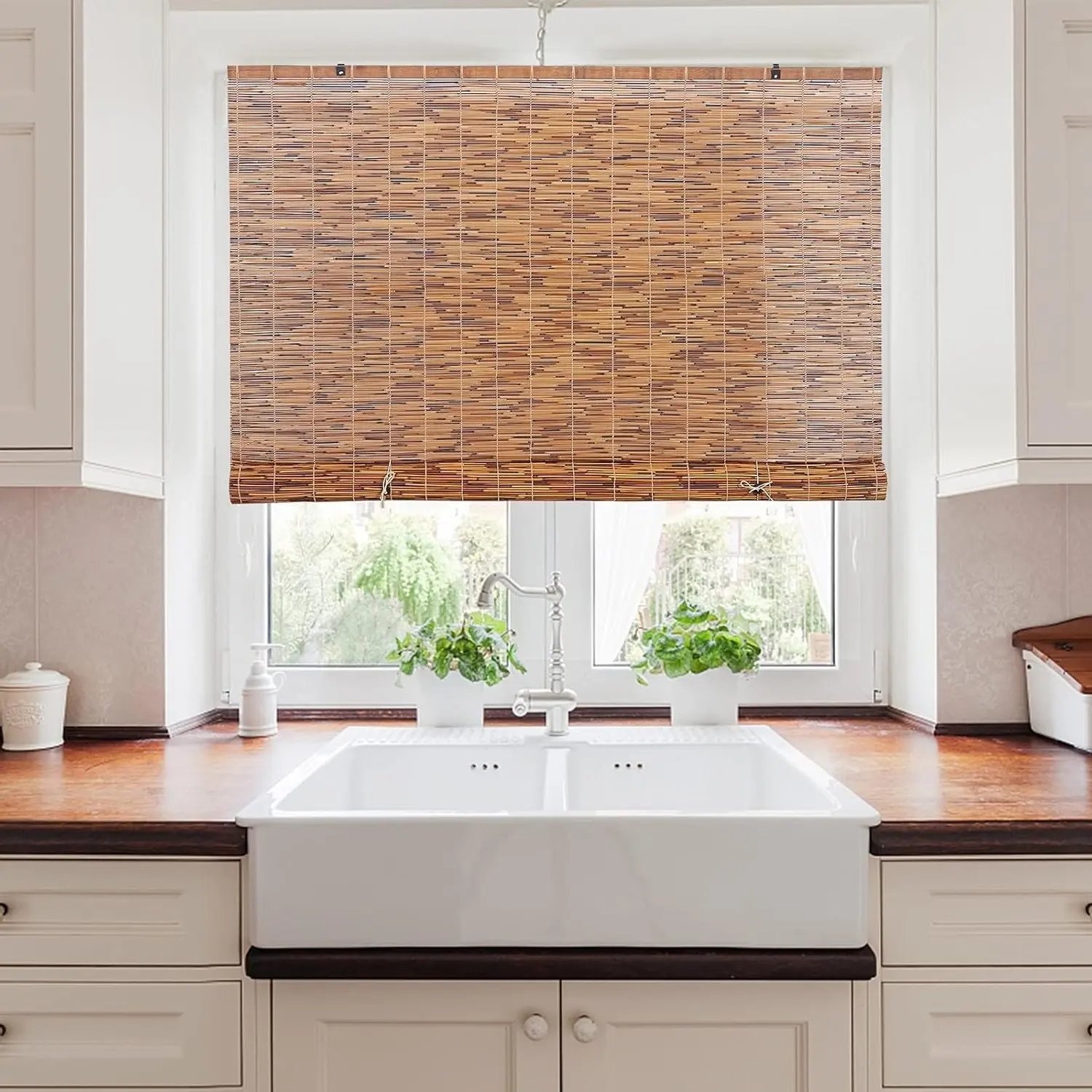 Light-Filtering Cord-Free Bamboo Reed Roll-Up Blind Shades for Windows Manual Roman Blinds Coffee 48 in W x 72 in HGift