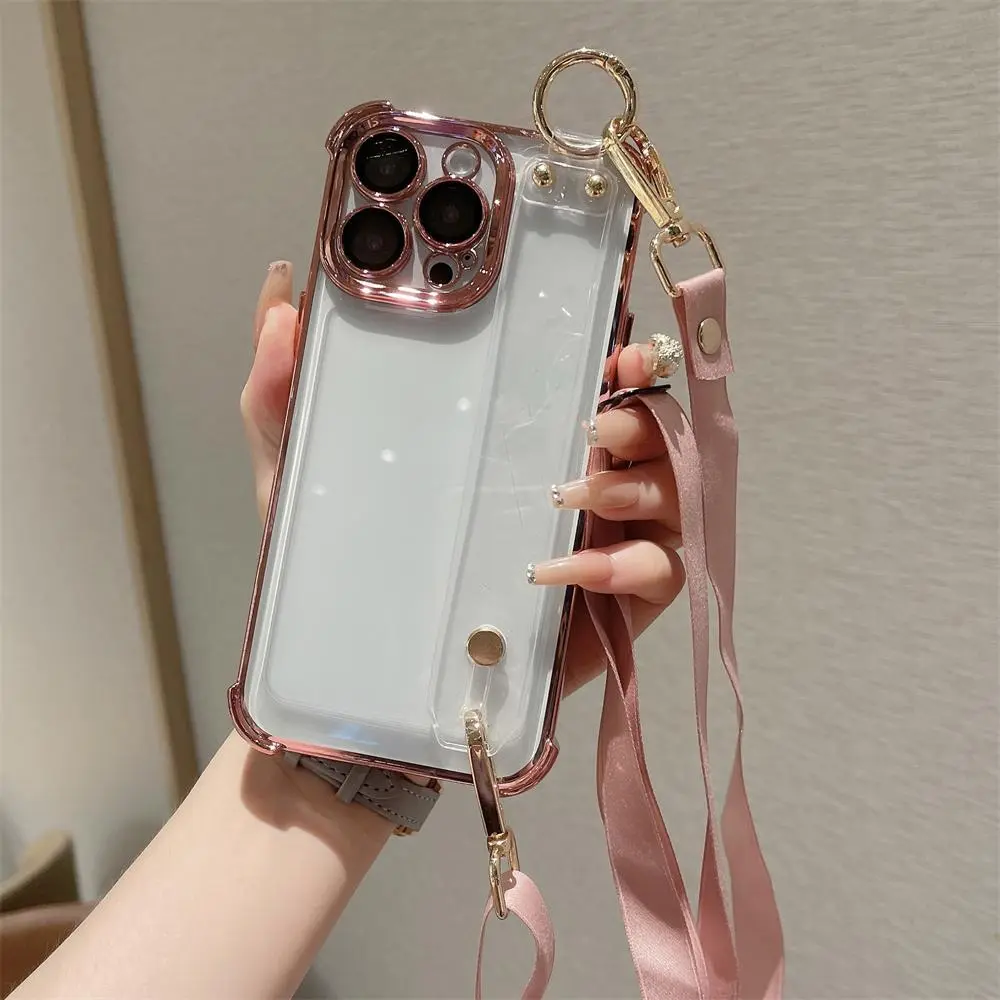 Luxury Plating Wristband Crossbody Lanyard Clear Hard Case For iPhone 16 15 14 Pro Max 13 12 11 XS X XR Transparent Soft Cover