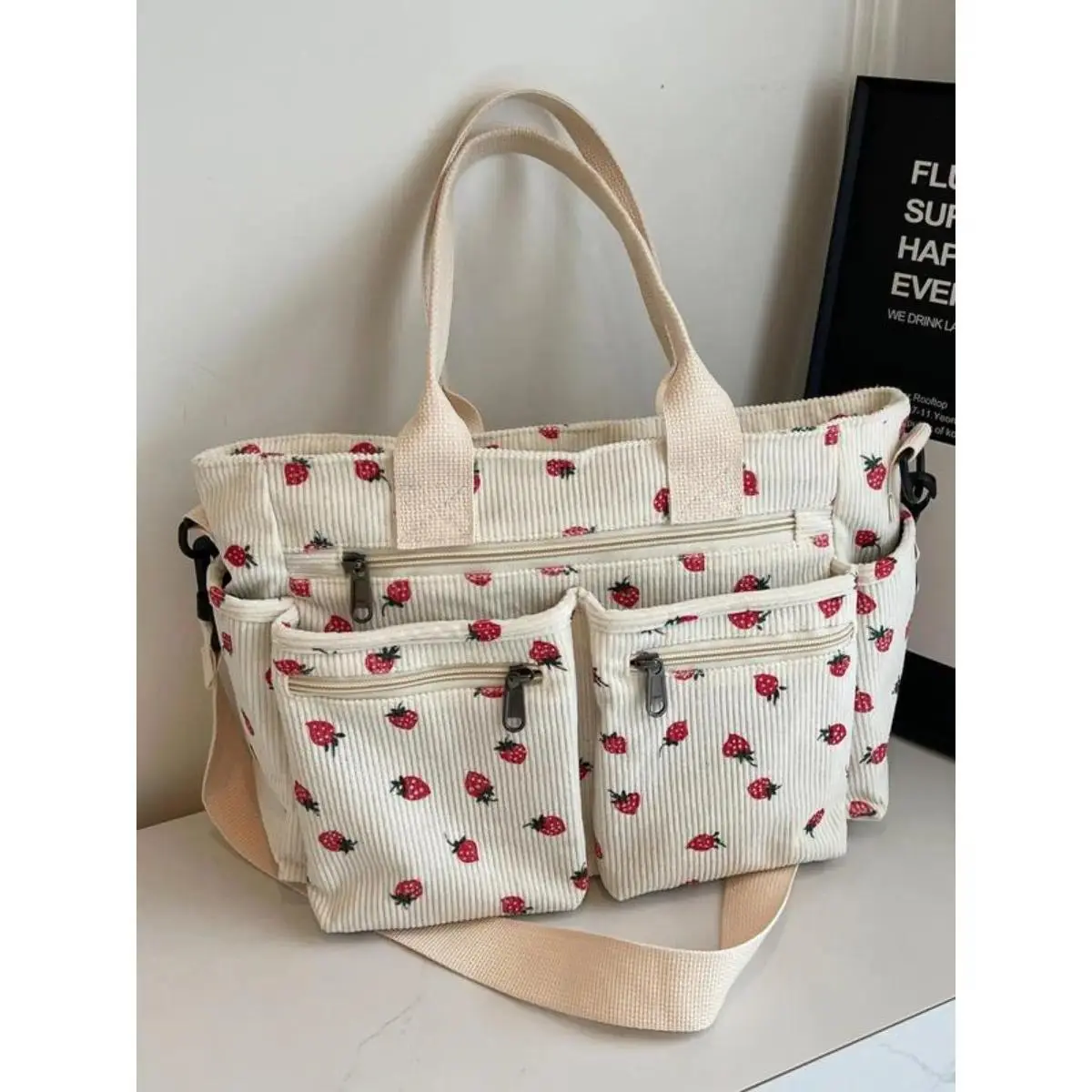 Women's Strawberry Print Canvas Tote Bag Anti-Theft Expandable Foldable Large Capacity Lightweight for Back to School