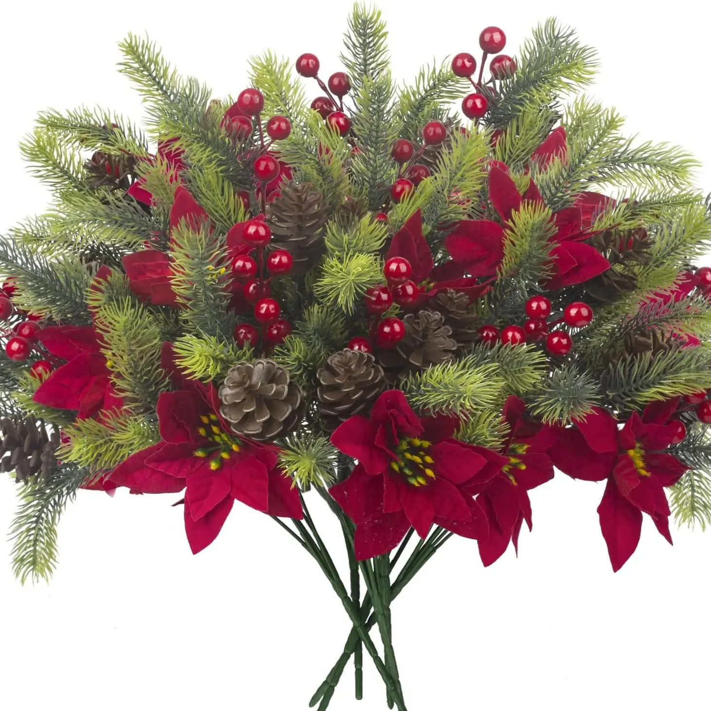 8-Piece Artificial Flower Bouquet, Christmas Floral Pinecone Fake Berries, Indoor Table Decor, DIY Centerpiece for Holiday Parties, Artificial Flowers Indoor