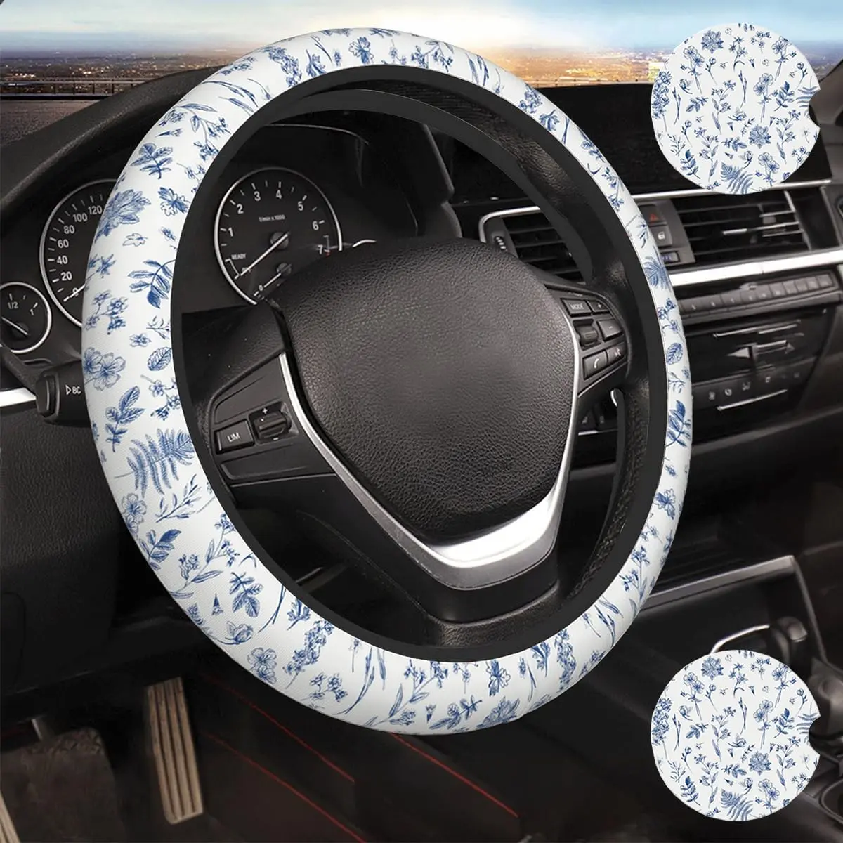 Blue Floral Print Steering Wheel Cover, Anti-Slip Grip Car Interior Decor, Easy Install, Fits 15" Wheels, Neoprene Rubber
