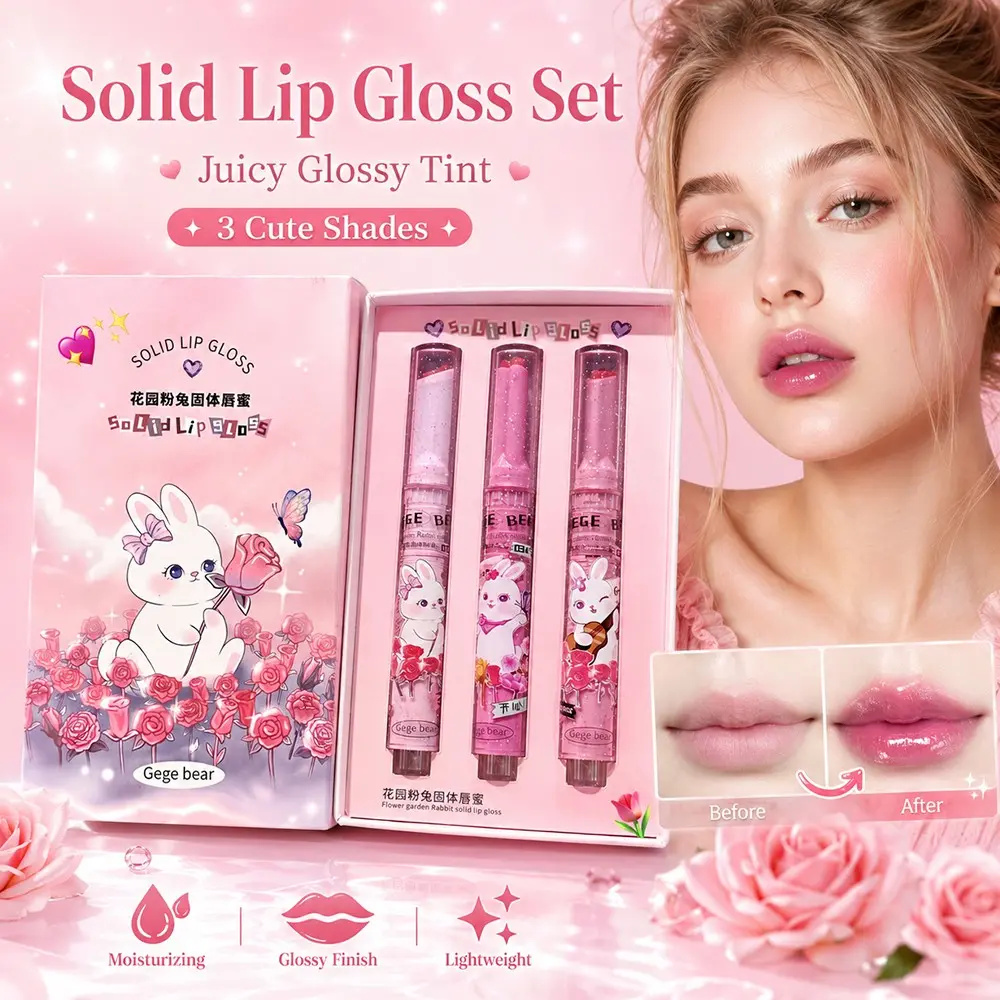 Garden Bunny Solid Lip Gloss Set 3-Piece Heart Press Gel Lip Pen Mirror Finish Hydrating Lip Balm Non-Sticky Student Lip Gloss Gift Box