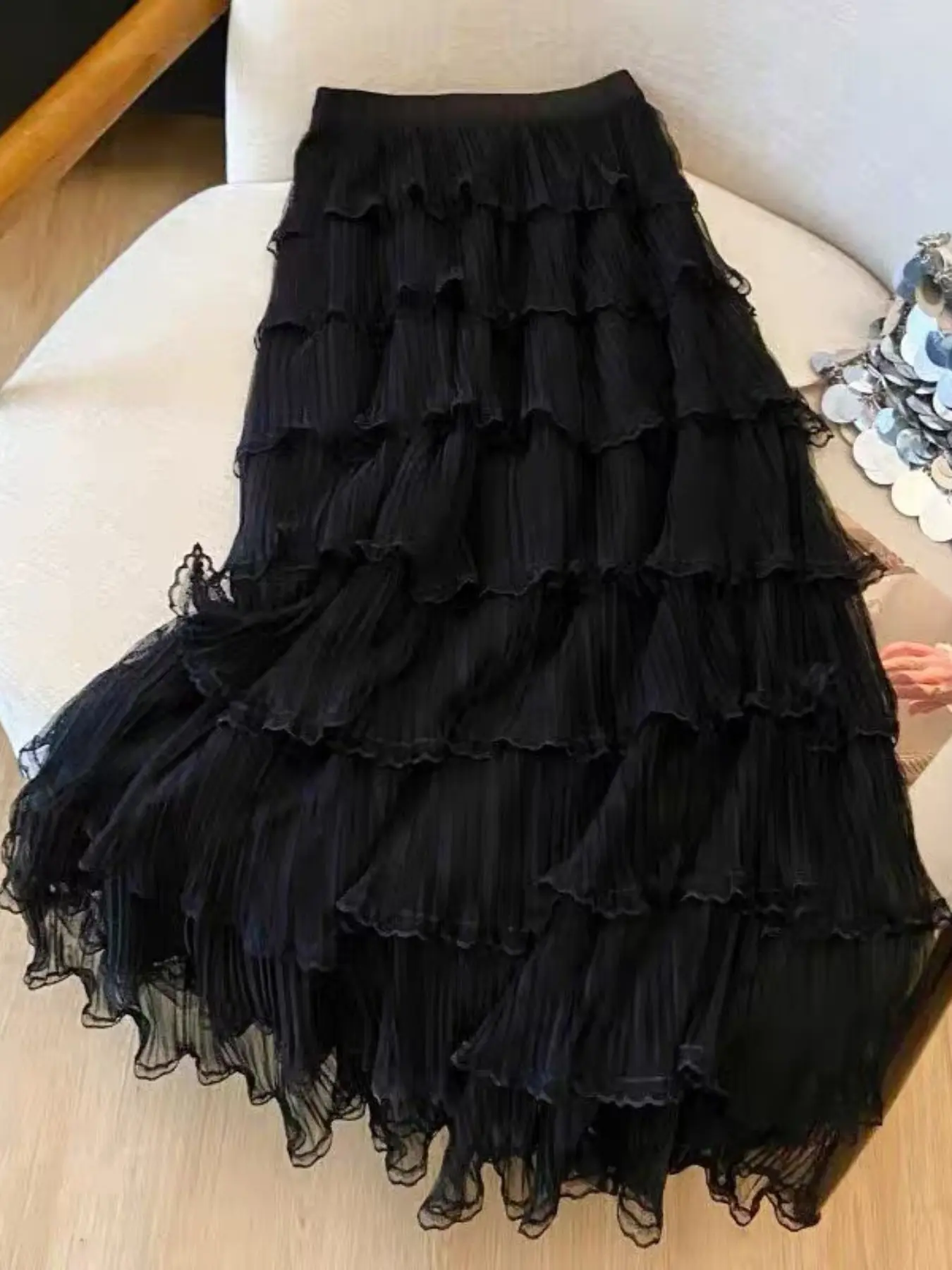 French Ballet Mesh Skirt for Women, Summer New High Waist Cross Coverage Cake Dress, A-Line Pleated Long Skirt, Fashionable, Chic and Stylish, Stretch Skirt