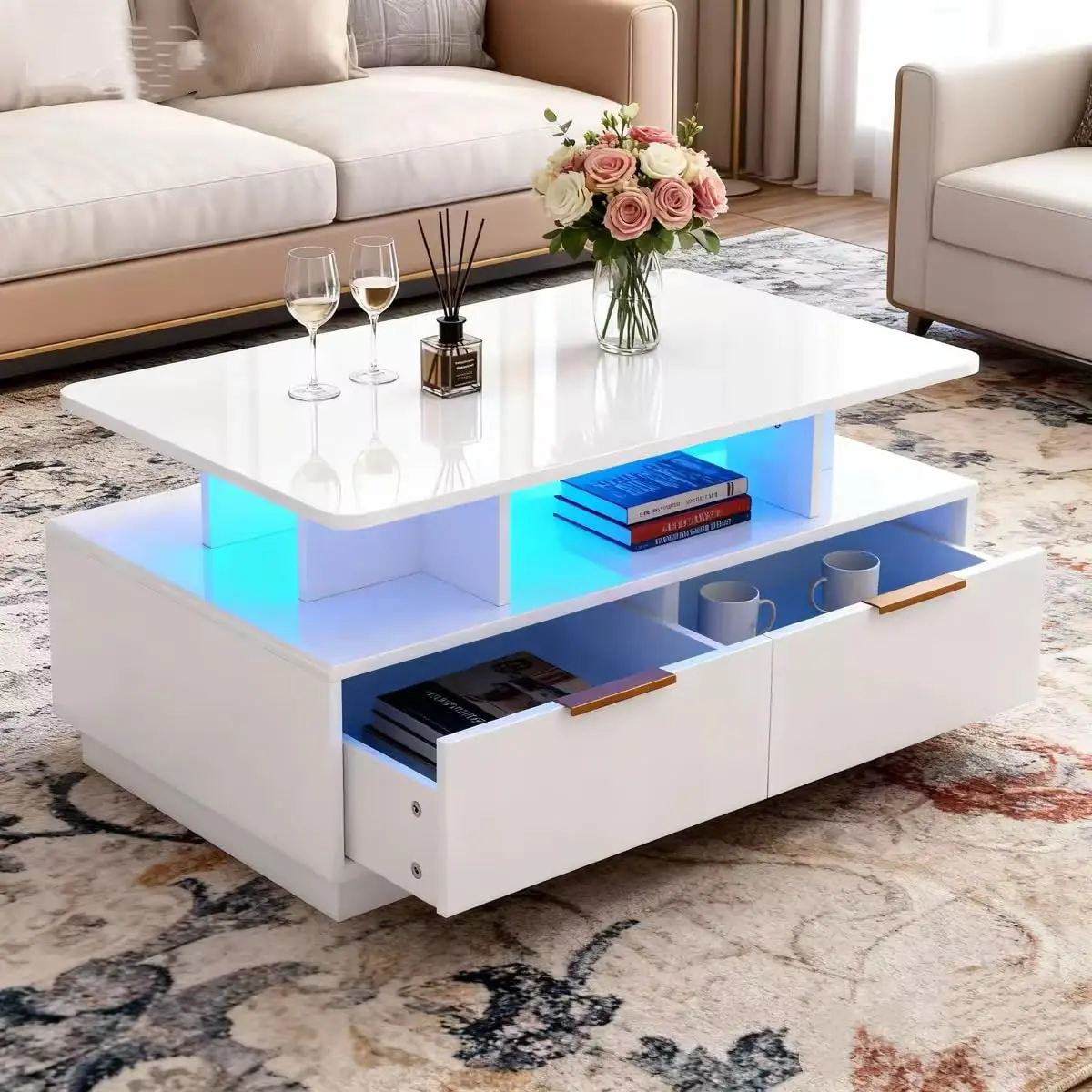 35 in Modern High Gloss White LED Coffee Table - Adjustable Color Lighting, 4 Drawers, Open Shelf, Rectangle Living Room Center Table