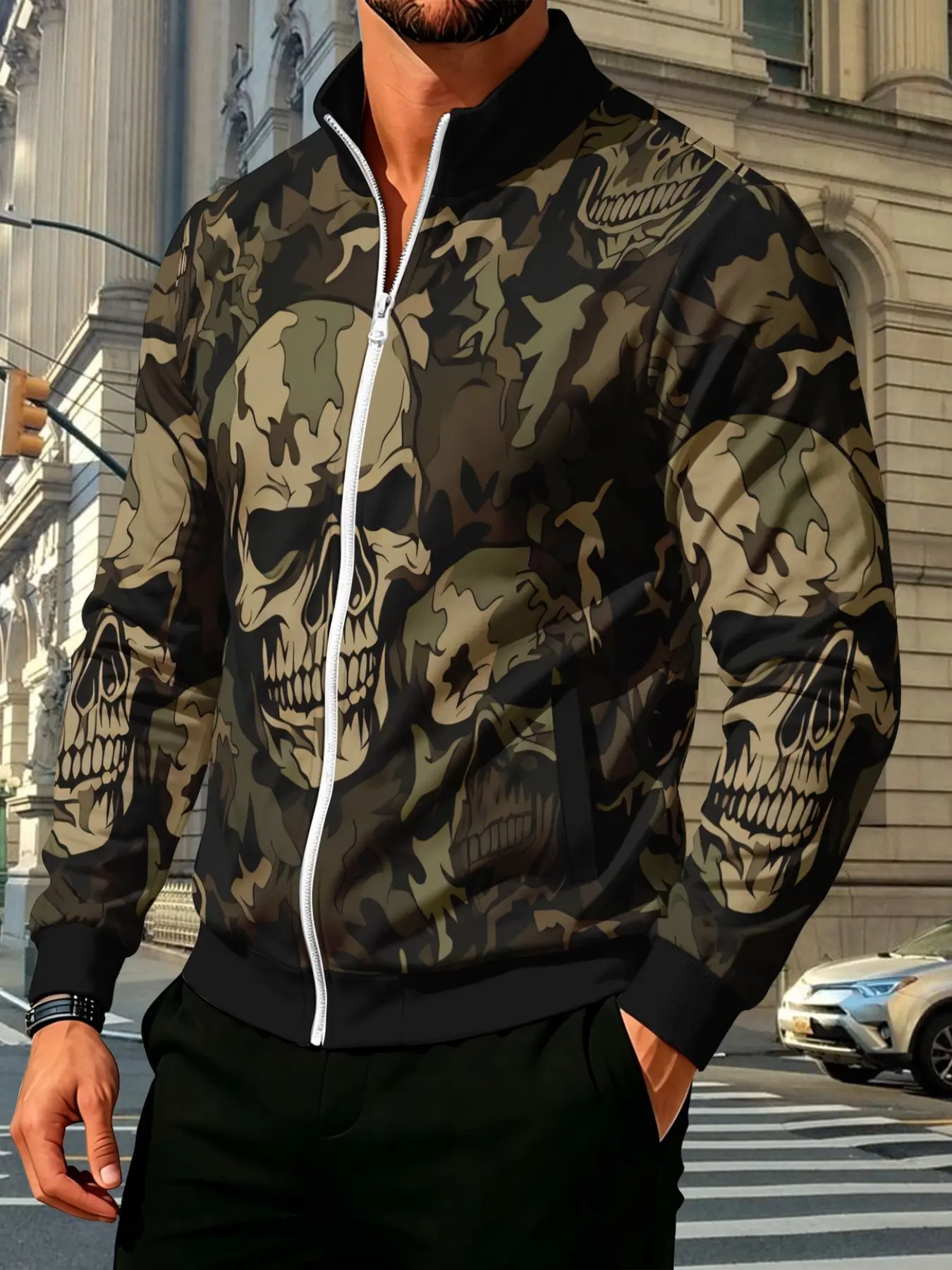 Men's Hardcore Camo Skull Jacket, Full Print Camouflage Skull Design, Street Style Functional Outerwear, Long Sleeve Slim Fit Casual Jacket, Gothic Streetwear Jacket