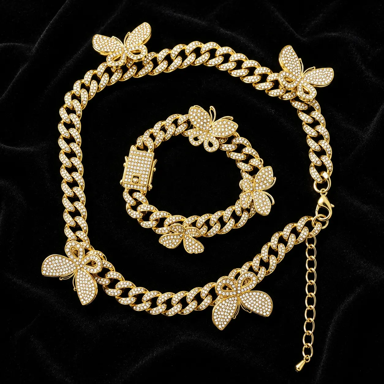 Loveden 12mm Iced Out Butterfly Cuban Link Set| Gold Silver Plated Pave CZ Necklace Bracelet| Hip Hop Trendy Jewelry