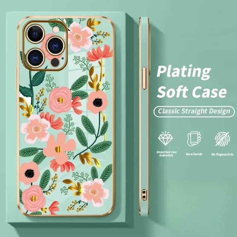 Stylish Floral Charm Luxury Golden Edge Elecroplated TPU Camera Lens Protection Shockproof Phone Cover Gift Case for iPhone  17 15 Pro Max 16 Air 14 Plus 13 12 11