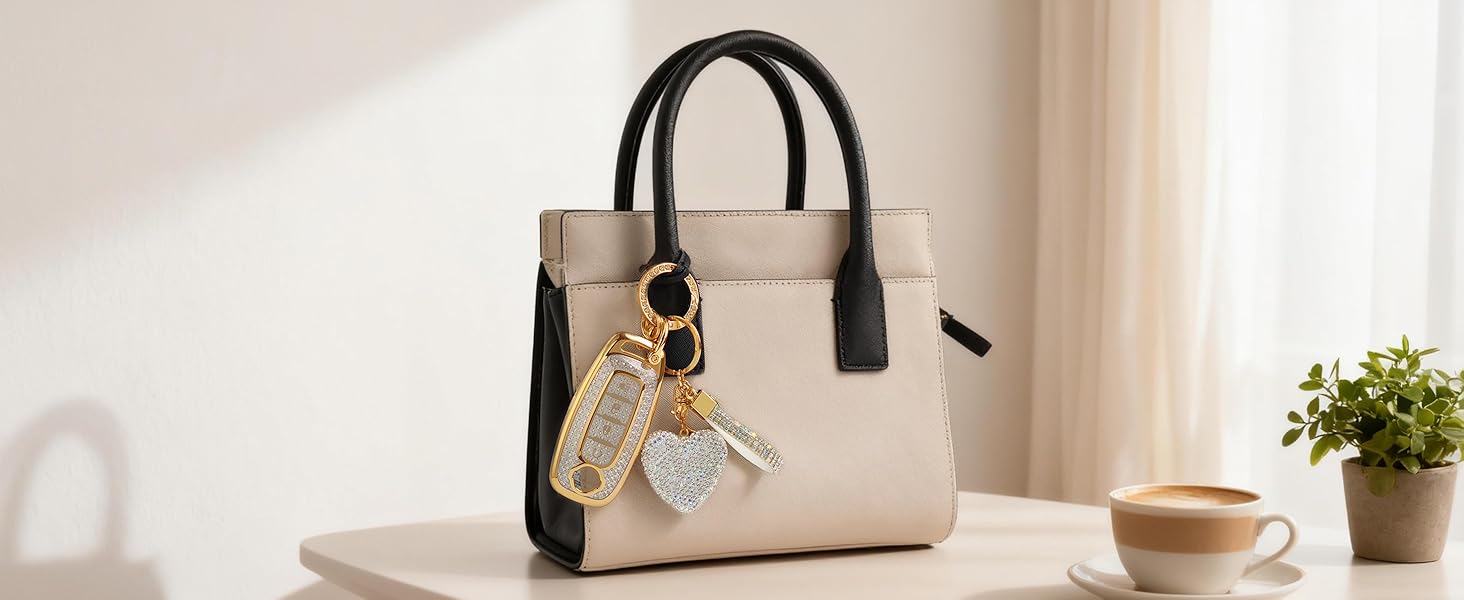 4 Button Key Fob Cover with Diamond, Compatible with Nissan Rogue Pathfinder Versa Kicks Ariya Sentra etc, Sparkling TPU Key Case and Bling Heart Decoration for Women, A-Style (Pink)