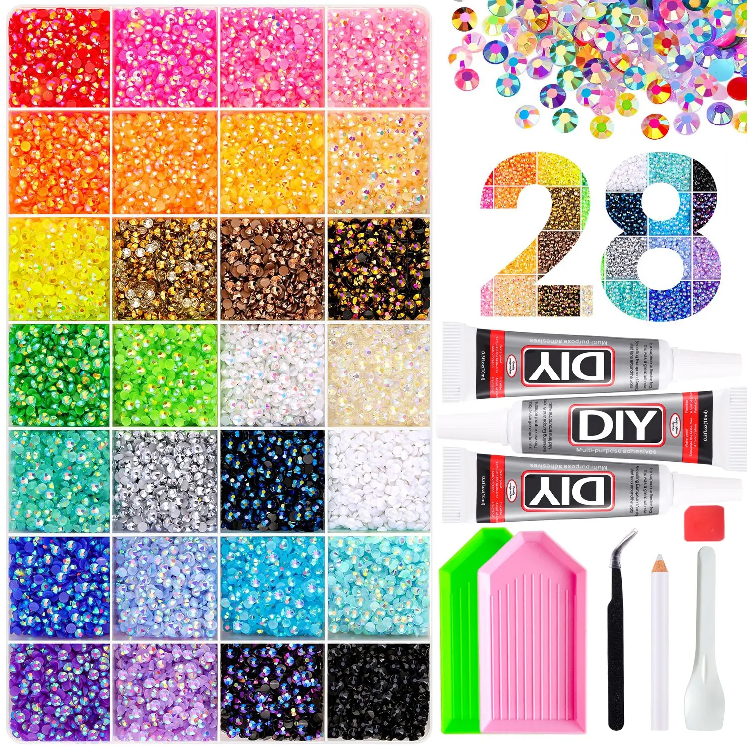 28 Color Rainbow Rhinestone Set with Tweezers and Tools, Easy-To-Use Decorative Kit, Nail Art Rhinestones 、 Flatback Crystals 、 with Adhesive Glue 、 Diamond Painting，Perfect Gift for Women, Christmas and Birthday