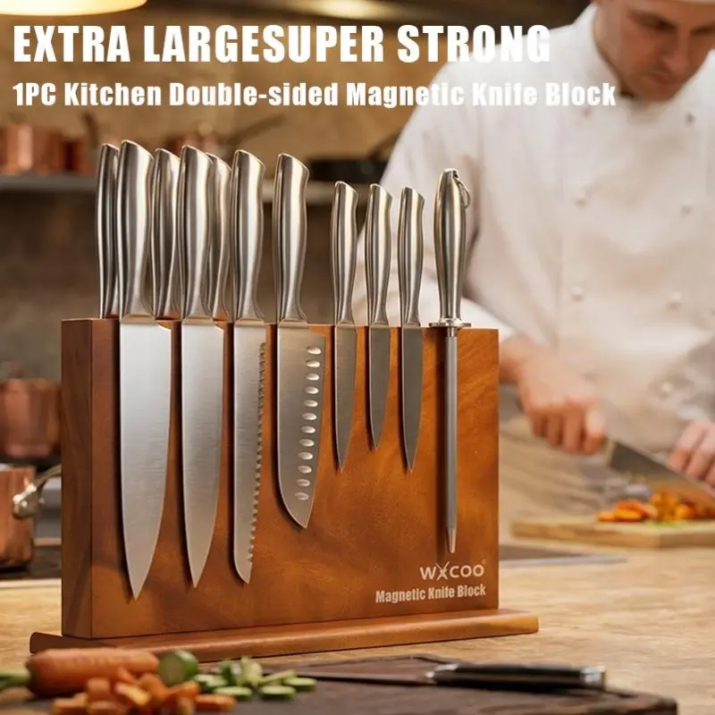 Home Kitchen Double-sided Wooden Magnetic Knife Block for Kitchen Convenience Exceptional User Experience Kitchen Accessories High Quality No Drilling Storage Kitchen-Friendly Magnetic Stands Organizer Tools