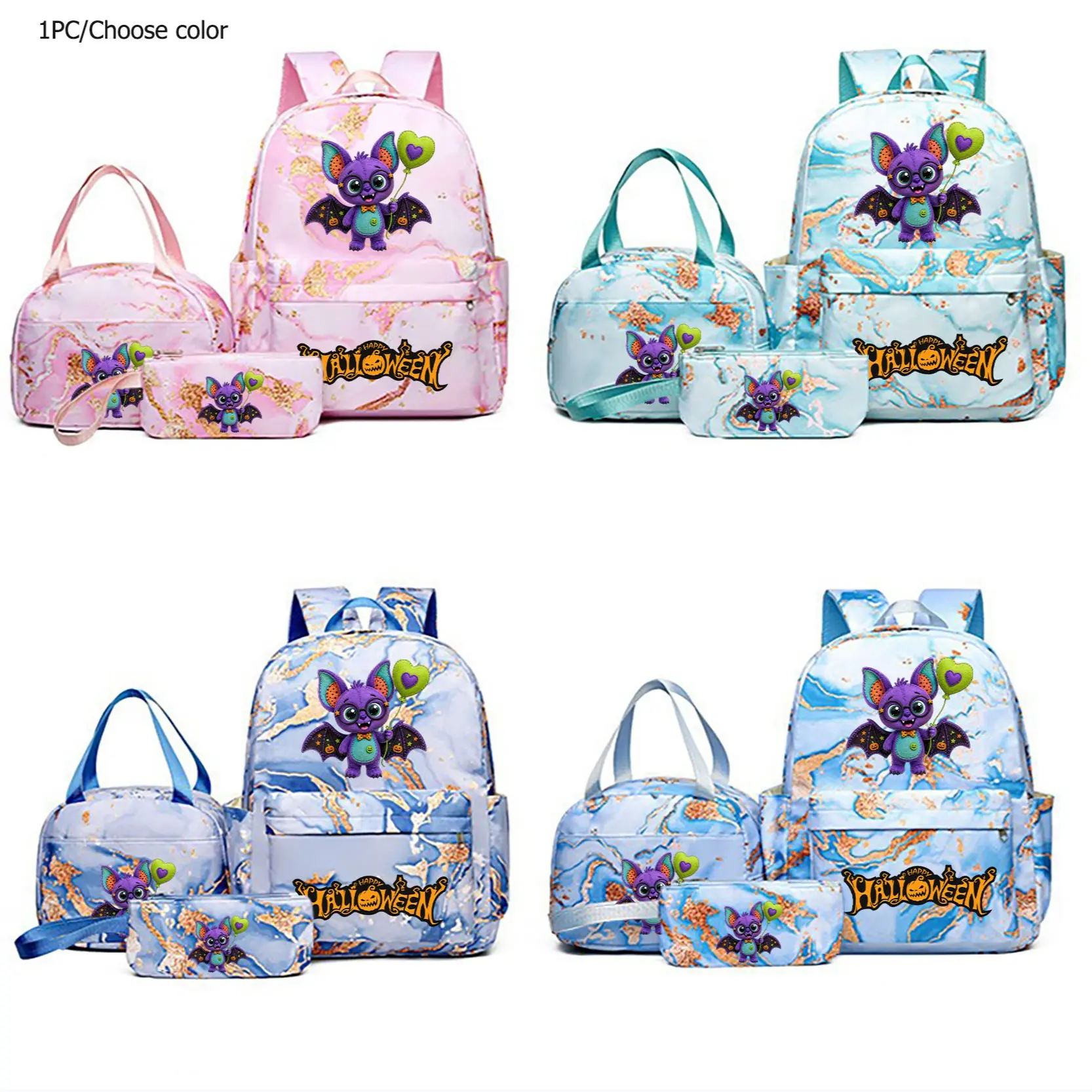 Halloween Style Backpack Set, Bat Pattern, Large Capacity, Adjustable Straps, Includes Lunch Bag & Pencil Case, Perfect for Students, School & Travel