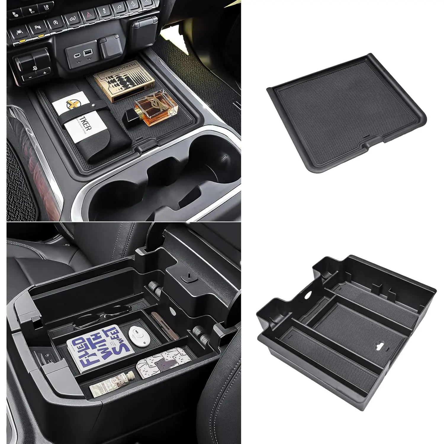 2PCS Chevy GMC Organizer Set Pack - Center Console Tray + Box, Car Interior Stowing & Tidying Accessory for 2019-2022 Silverado/Sierra 1500, 2020-2023 2500HD/3500HD (Bucket Seats Only)