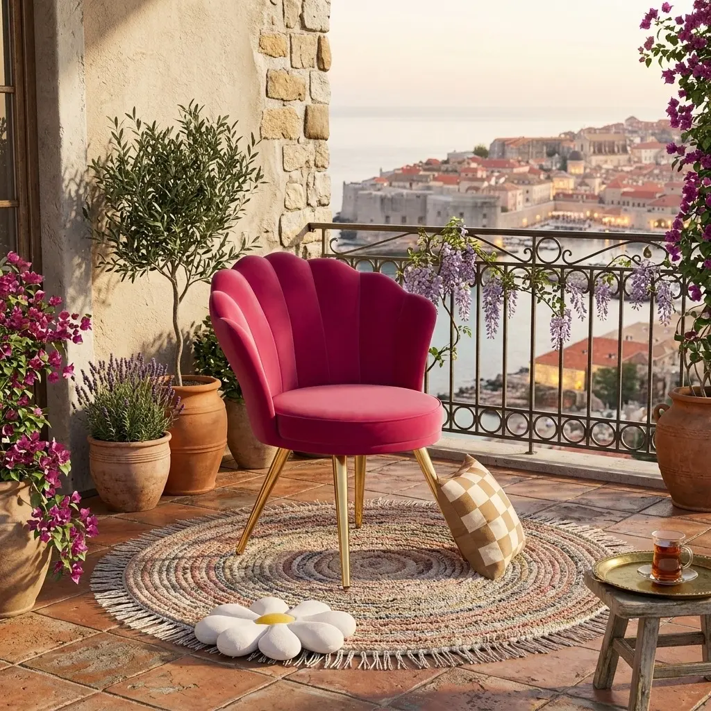 Pink Shell Shaped Velvet Vanity Chair, Upholstered Accent Chair with Gold Metal Legs, Ergonomic Curved Back Side Chair, Sturdy Frame for Makeup Room Bedroom Living Room Home Decor