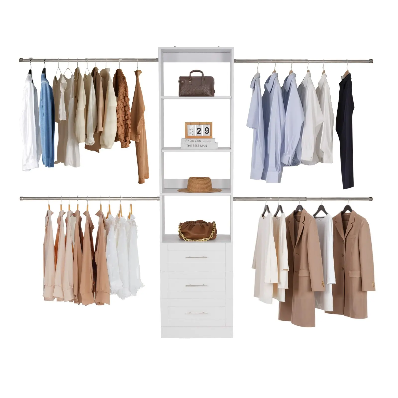 VEVOR Freestanding Modern Wooden Closet System, White Minimalist Indoor Furniture with 3 Drawers, 4 Hanger Rods, Adjustable Height, Easy Setup, Tip-Over Protection, Zoned & Small-Space Walk-in Wardrobe Storage (Assembly Required)