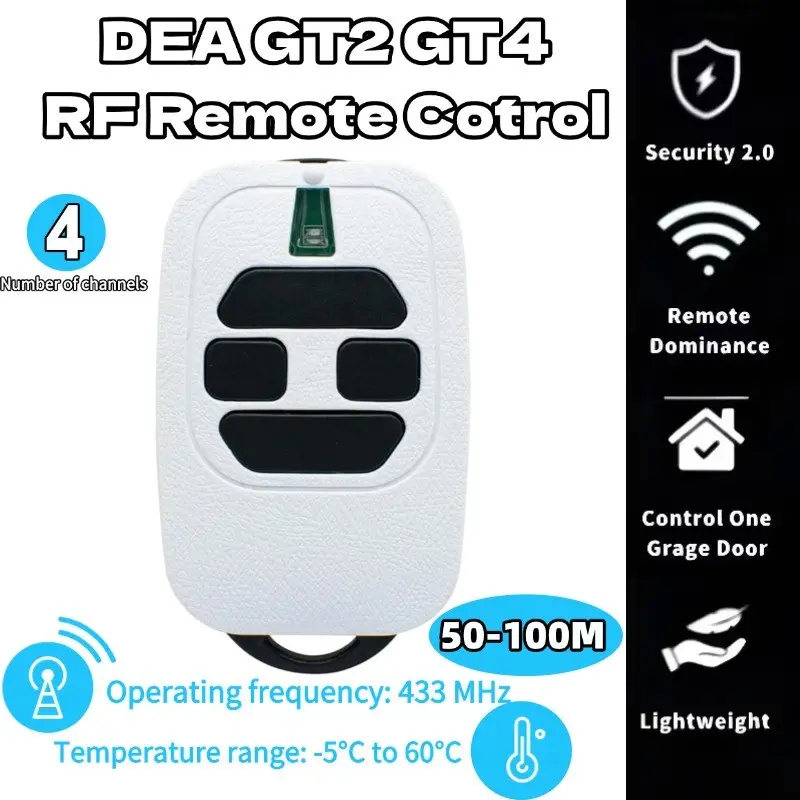 Dea Gt2 Gt4 Garage Door Remote Control, 4 Channel or 2 Channel, 433mhz Wireless RF, Long Range 50-100m, Replacement Key for Yard Gates