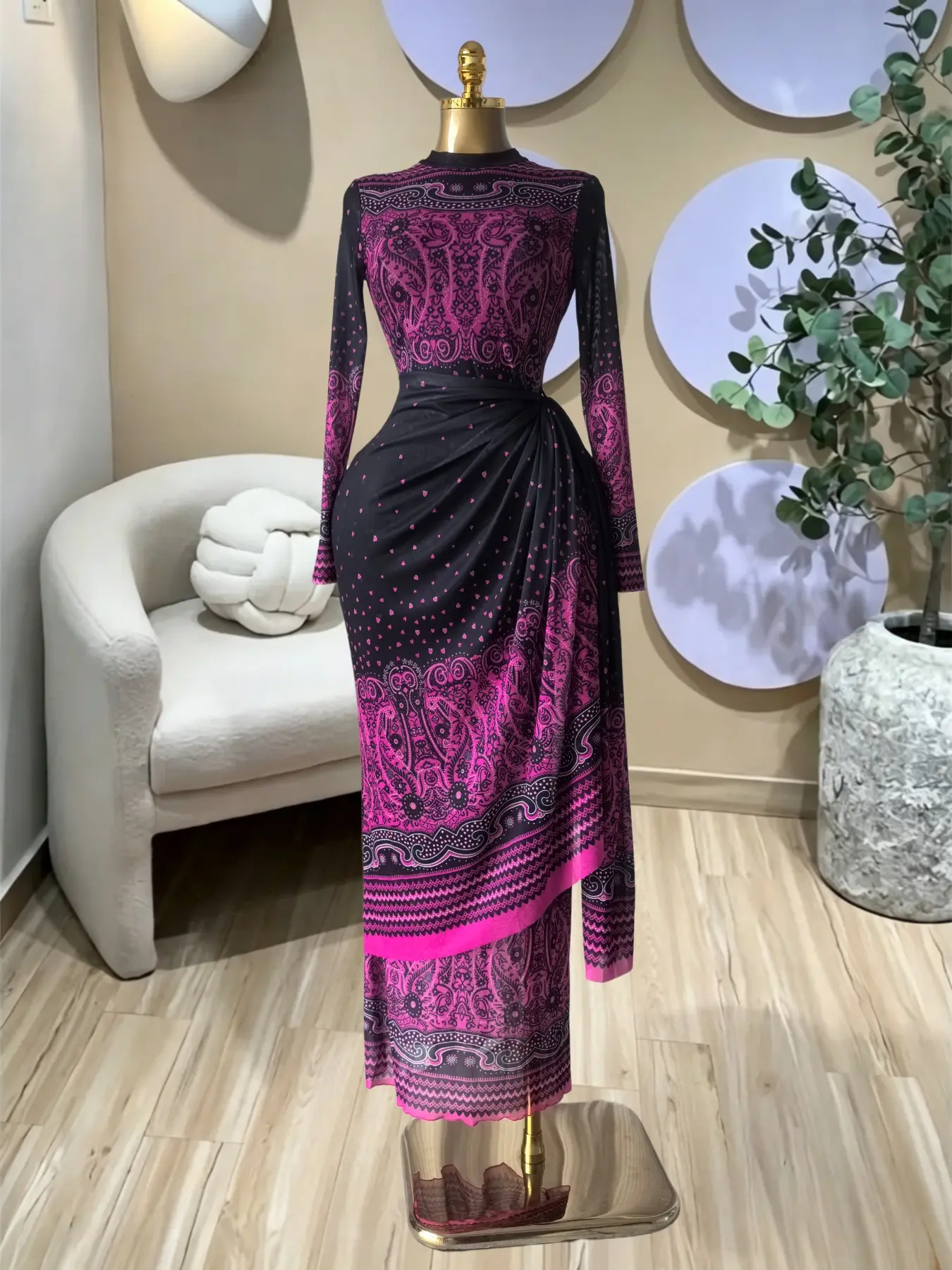 PULKRITU Women's Tie Dye Print Pleated Long Sleeve Maxi Prom Dress, Evening Party Dress, Slim Fit Party Outfit Dress, Birthday Event Wear, Female Brunch Dresses, Graduation Dress, Date Night Dresses, Dresses for Party