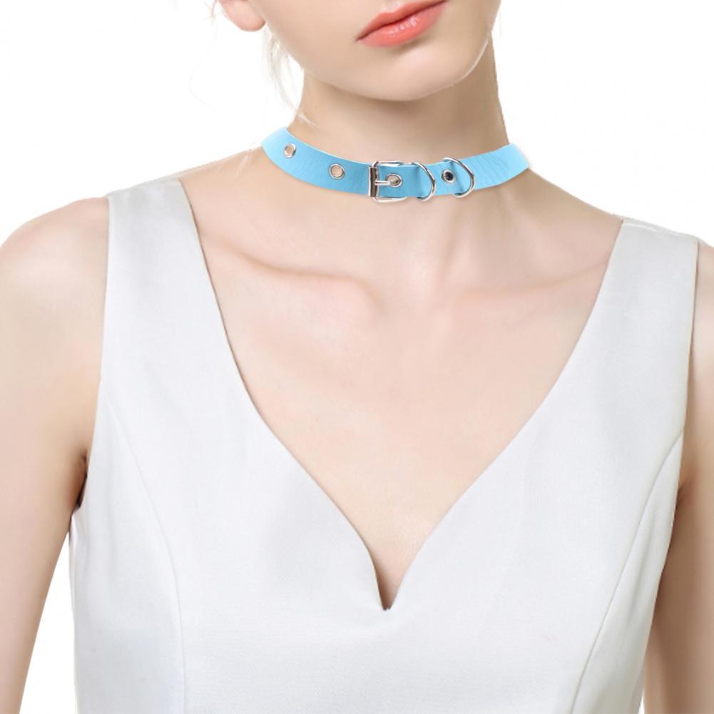 Women Necklace Faux Leather Vintage Punk Style Adjustable Solid Color Bukle Pin Neck Belt Party Club Choker Adult Jewelry