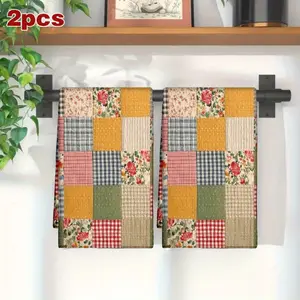 2-Pack Large Patchwork Plaid Kitchen Towels - Microfiber Colorful Plaid/Printed Patterns (Mustard Yellow/Yellow/Pink/Green) - Highly Absorbent, Durable Dish Towels & Baking Tea Towels - Microfiber Dish Cloths - Housewarming Gift