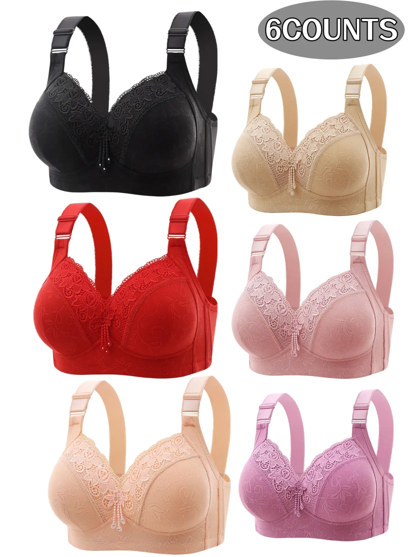 6-Pack Women's Lace Wireless Push-Up Bras, Seamless Comfort Fit, Daily Wear Underwire-Free Bra, Breathable Soft Fabric, Full Day Support