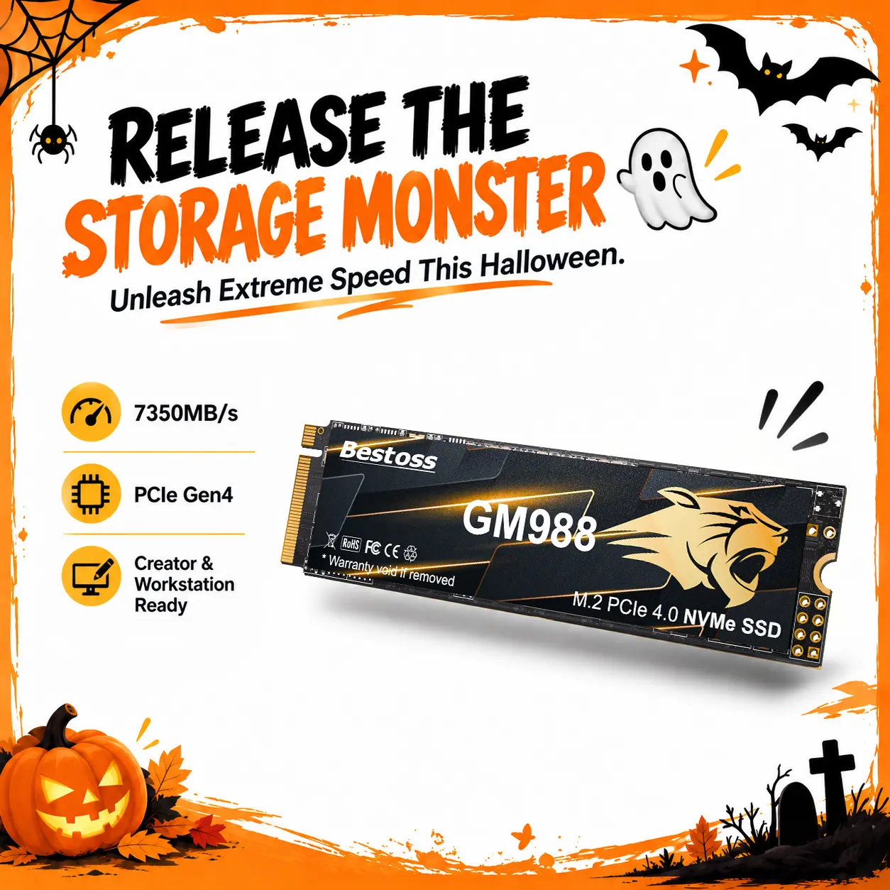 Bestoss GM988 NVMe M.2 2280 PCIe 4.0 Internal SSD, 1TB/2TB Data Storage Drive with M.2 Slot Compatibility, Up to 7350MB/s & 6600MB/s, SLC Cache, HMB, Graphene Copper, Efficient Loading for PS5 Gamers & Laptop Upgrades