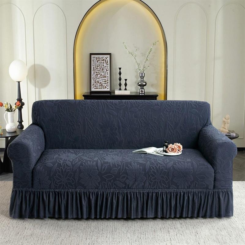 Solid Color Jacquard Sofa Cover with Skirt, 1 Count Soft Comfortable Stretchable Sofa Slipcover, Dustproof Sofa Cover, Elastic Sofa Slipcover for Home Living Room Hotel Dormitory