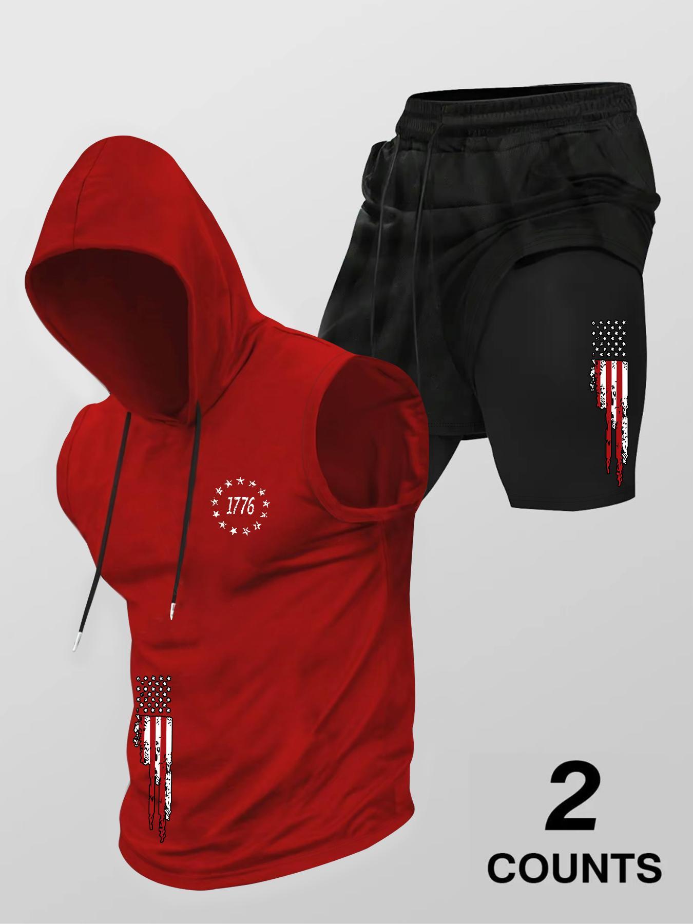 Two-Piece Set Men's Flag Print Hooded Tank Top & Drawstring Waist Shorts, Regular Fit Sleeveless Top & Track Shorts, Casual Summer Clothes Set for Outdoor