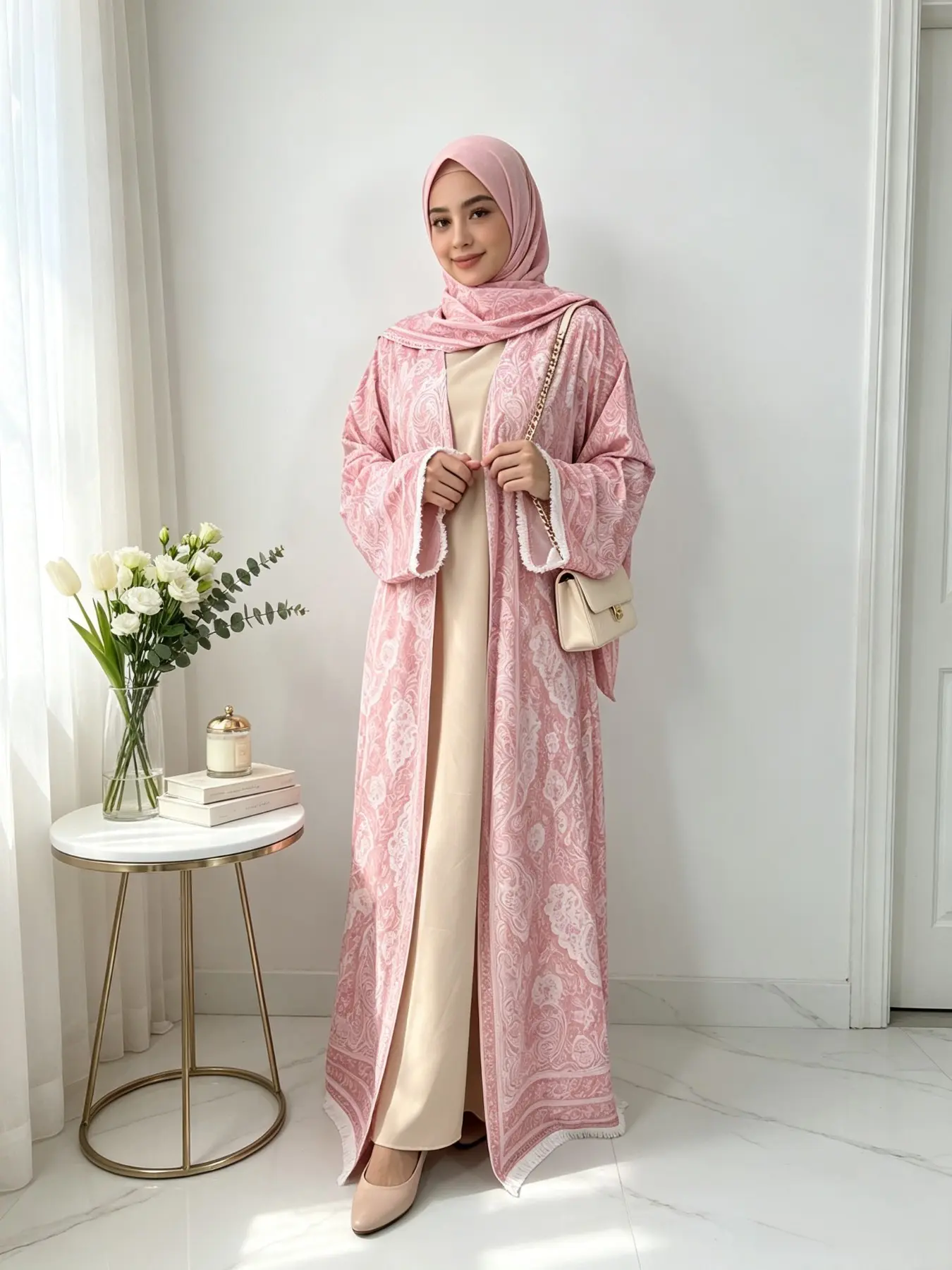 [ Includes Hijab] Pashmina Texture Abaya Set, Polyester Fabric, Wrinkle-Resistant, Wide Sleeves with Fringe, Available in 5 Sizes#PashminaAbaya #PolyesterAbaya #PrintedAbaya #TwoPieceAbaya #HijabFashion