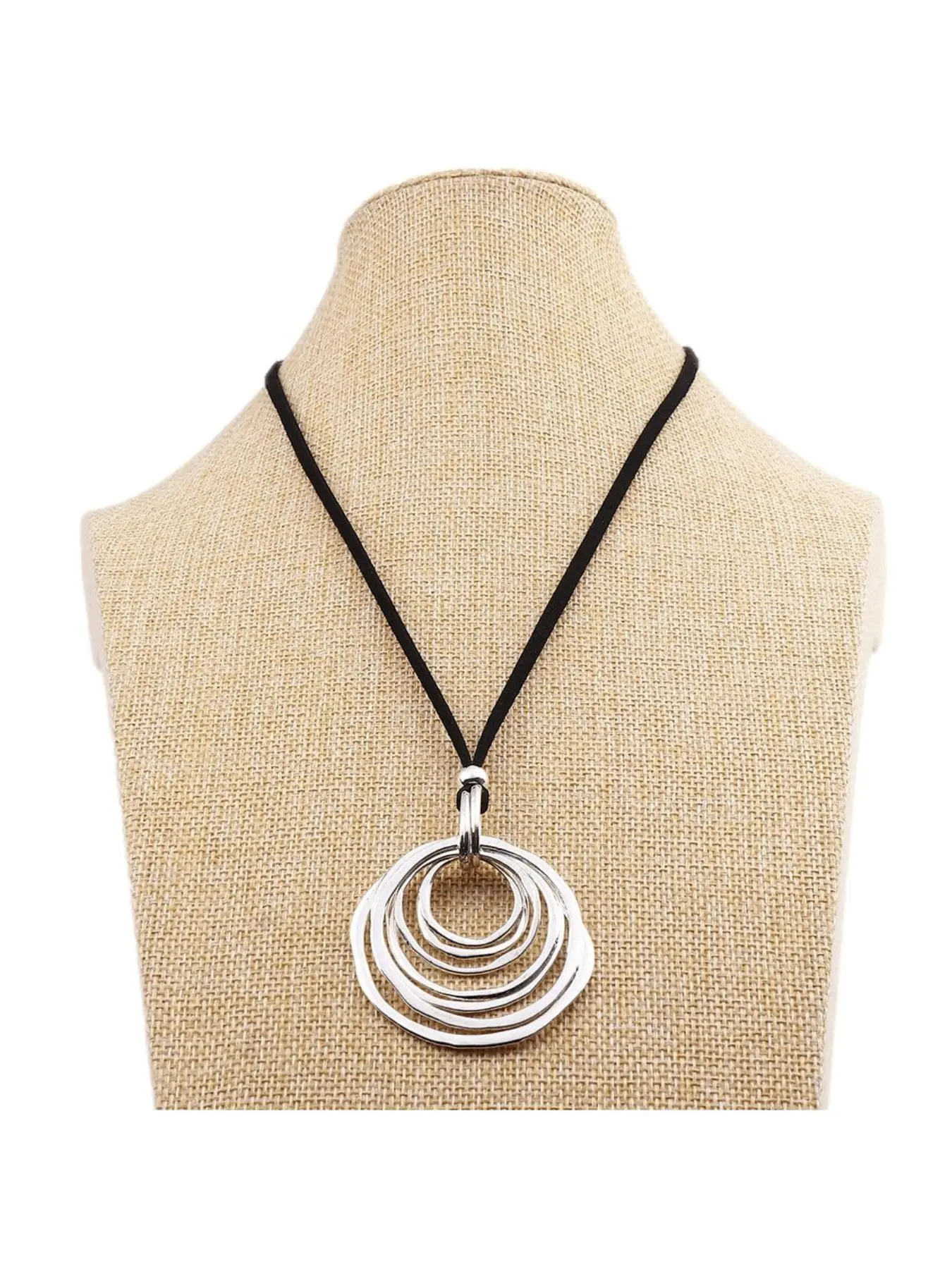 1pc Fashionable Silver Tone Large Open Hollow Multi-Layer Asymmetrical Round Circle Pendant On 32 Inch Black Suede Cord Boho Style Jewelry Necklace