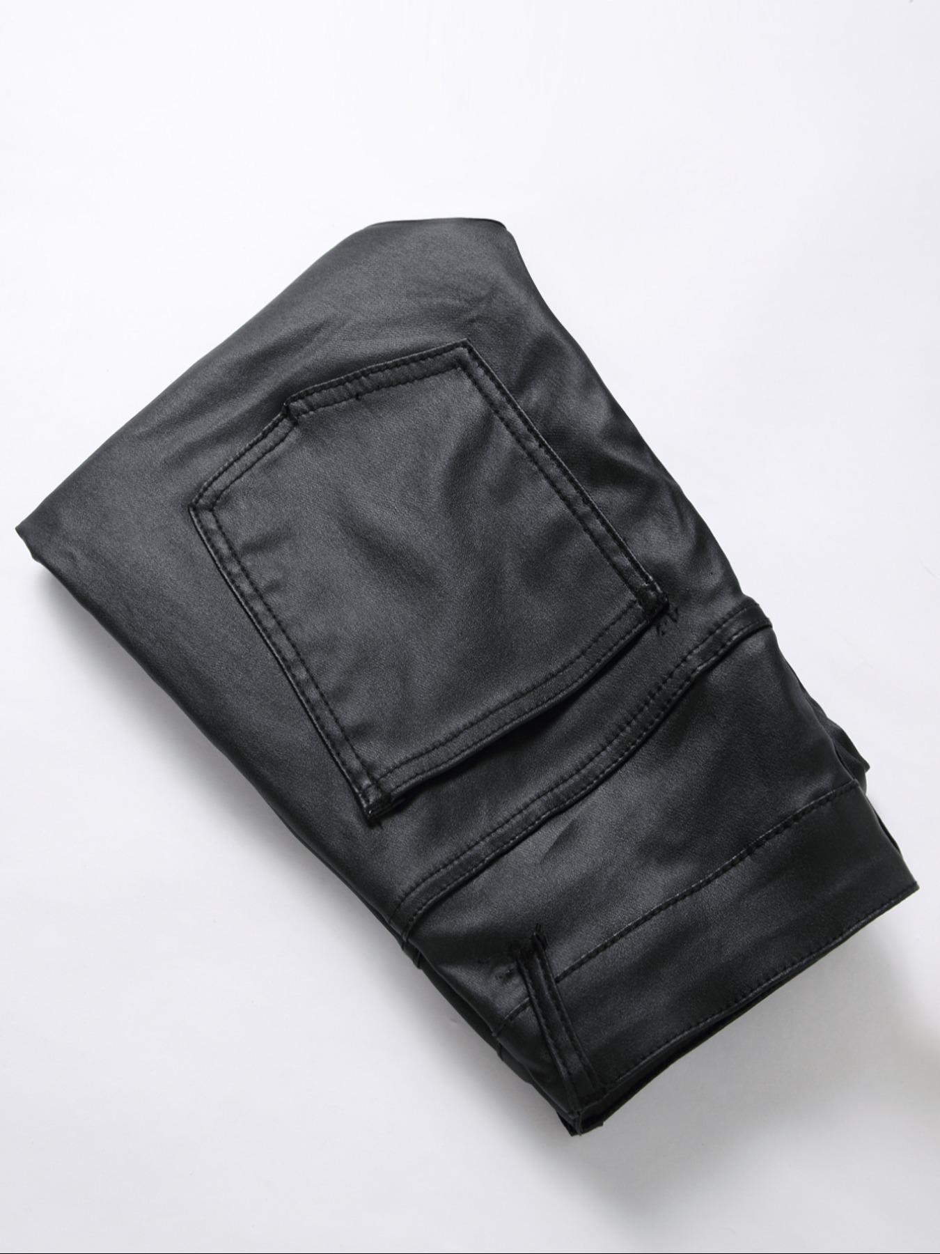 Men's Solid Color PU Leather Pants, Tight-fitting Street Fashion Casual Comfy Pocket Trousers for Daily Wear, Men's Bottoms for All Seasons Casual Fitted Pockets Casual Slant Pocket