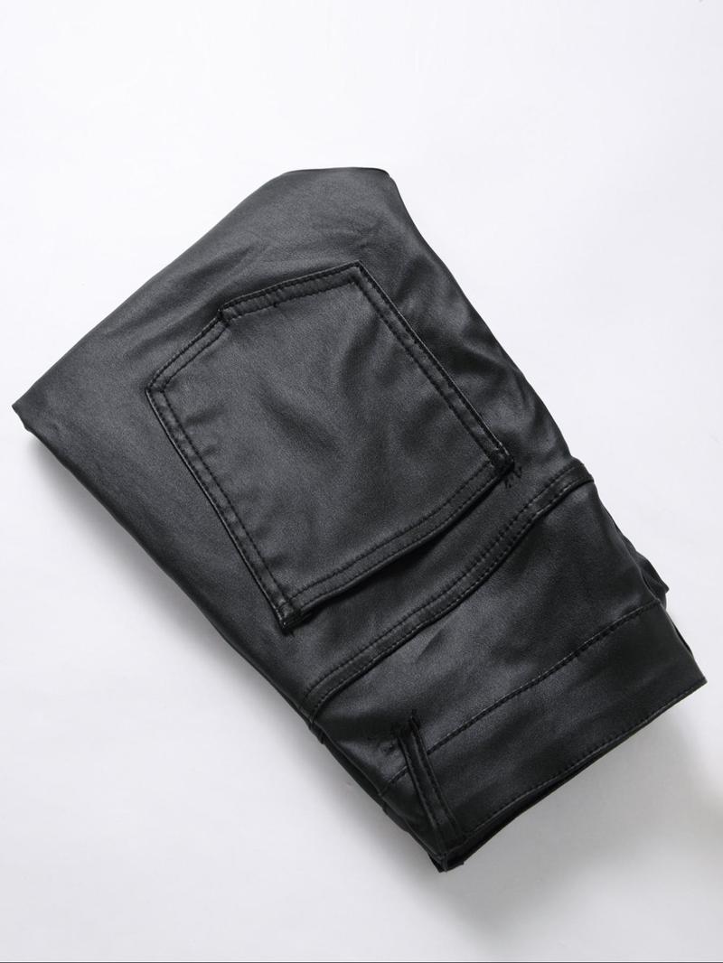 Men's Solid Color PU Leather Pants, Tight-fitting Street Fashion Casual Comfy Pocket Trousers for Daily Wear, Men's Bottoms for All Seasons Casual Fitted Pockets