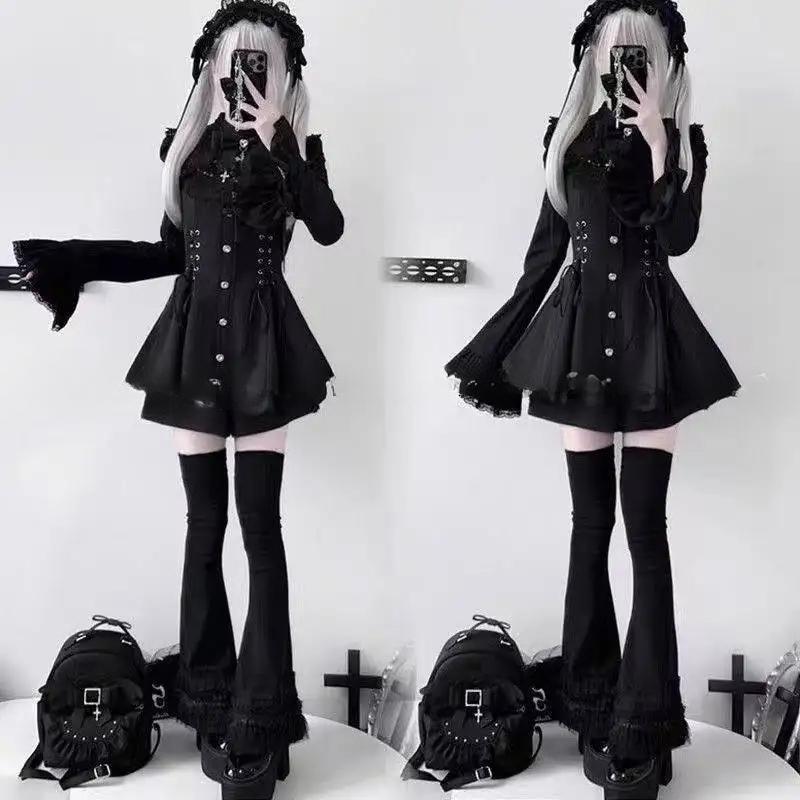Y2k Aesthetic Lolita Style Bow Dress Shorts Set Women Kawaii Lace Flare Sleeve Bow Shirt Dress Japanese Punk Party Mini Dress
