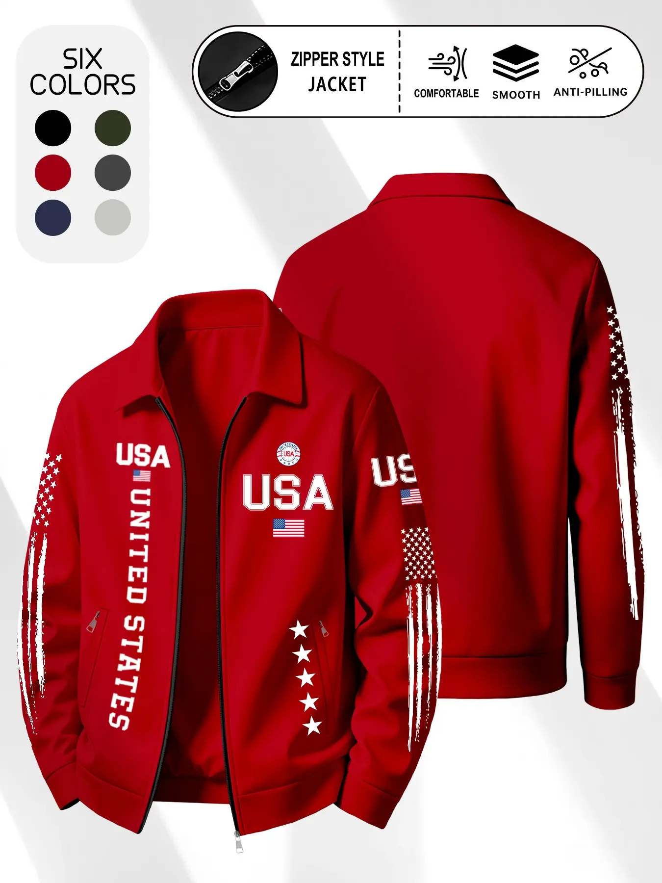 Men's Usa Flag Print Work Jacket, Loose Fit Lapel Zipper Outerwear, Anti-Wrinkle Breathable Baseball Top, Spring & Fall Casual Clothing