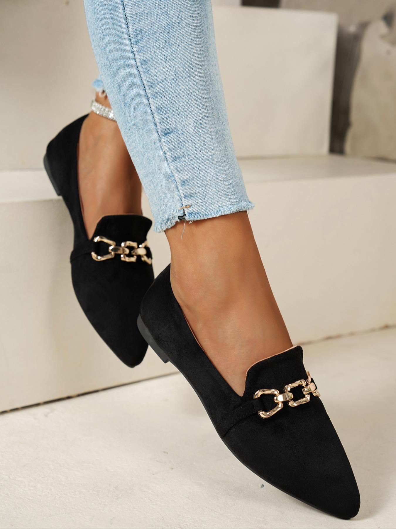 Women's Elegant Pointed-Toe Flat Shoes, Gold Chain Decor, Comfortable Non-Slip Casual Footwear for Home & Outdoor Use, Fashionable Flats