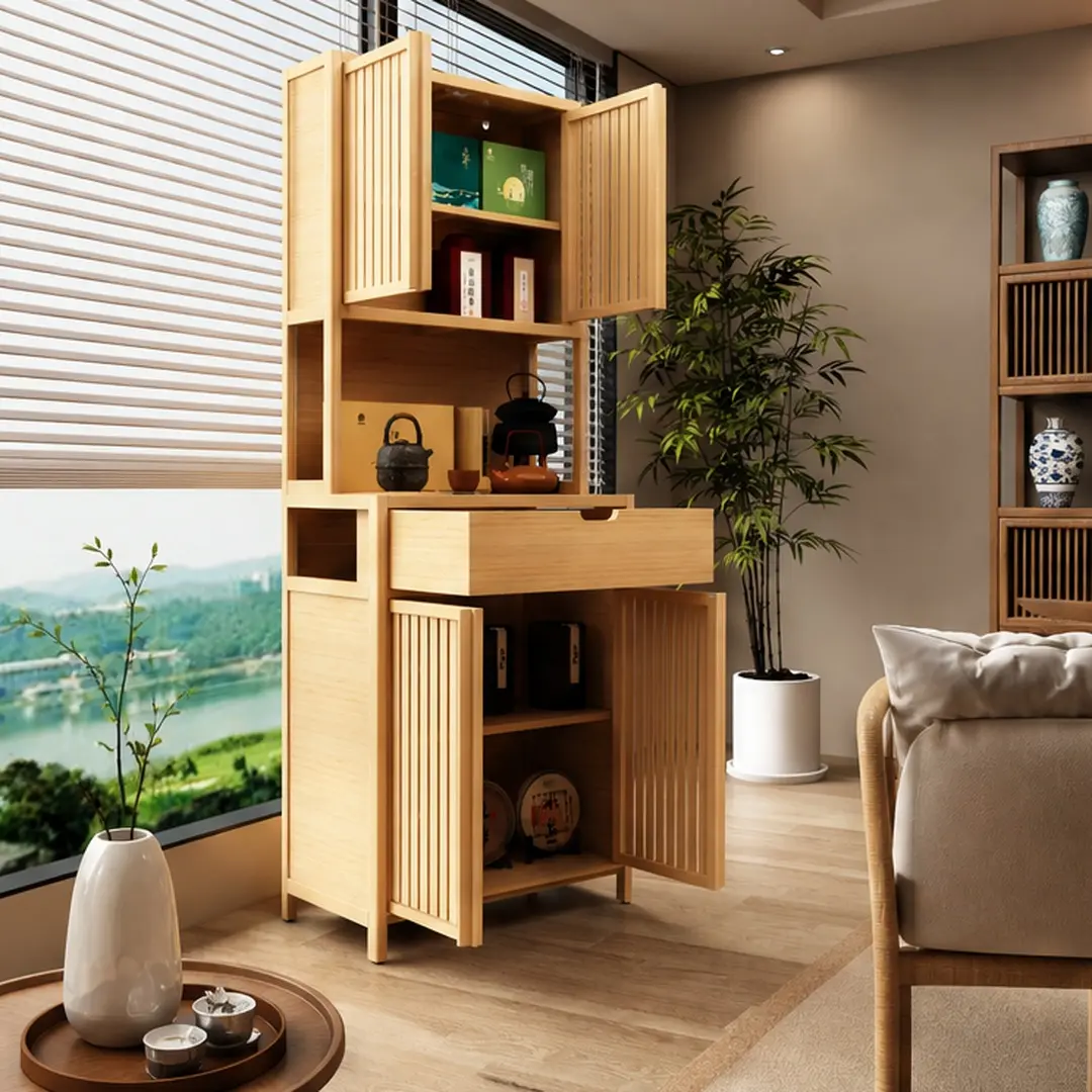 ARCH 72-Inch Tall Bamboo Double-Door Storage Cabinet with Drawers, Natural Wood Color, High-Capacity Cupboard for Living Room, Dining Room, Bedroom, Bathroom, Hallway, Freestanding Floor Organizer, 1-2 Drawers, 15.28 W x 27.01 D x 72.72 H Inches