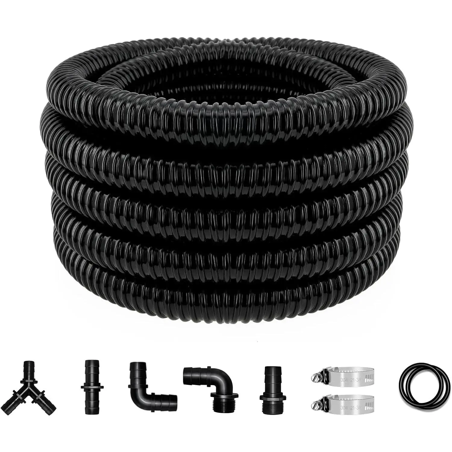 Pond Tubing 1 Inch Diameter, 20.7 Feet Long Corrugated Flexible Hose Pipe with Clamps Pipe Fittings, Pool PVC Tube for Garden Ponds Waterfalls Camping Caravans Filters Drainage Marine