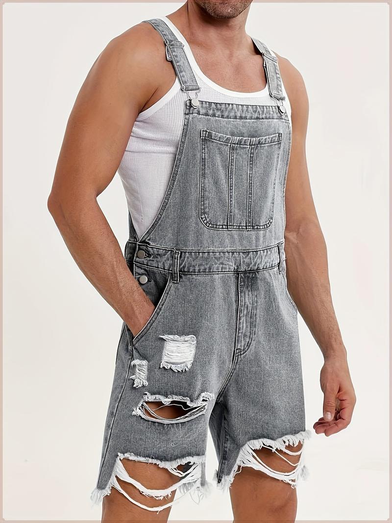 Runcati Men's denim shorts bib overall jean romper, offering a casual loose fit with buttoned pockets, perfect for summer wear as a comfortable and stylish jumpsuit.