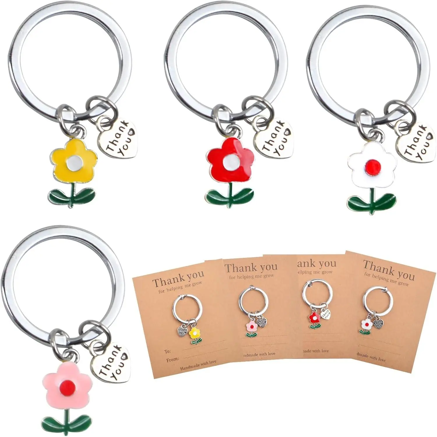 4 Sets of Teacher Appreciation Gifts Keychains Thank You for Helping Me Grow Handmade Card Colorful Flower Personalized Keychain for Teachers Birthday Christmas Gift