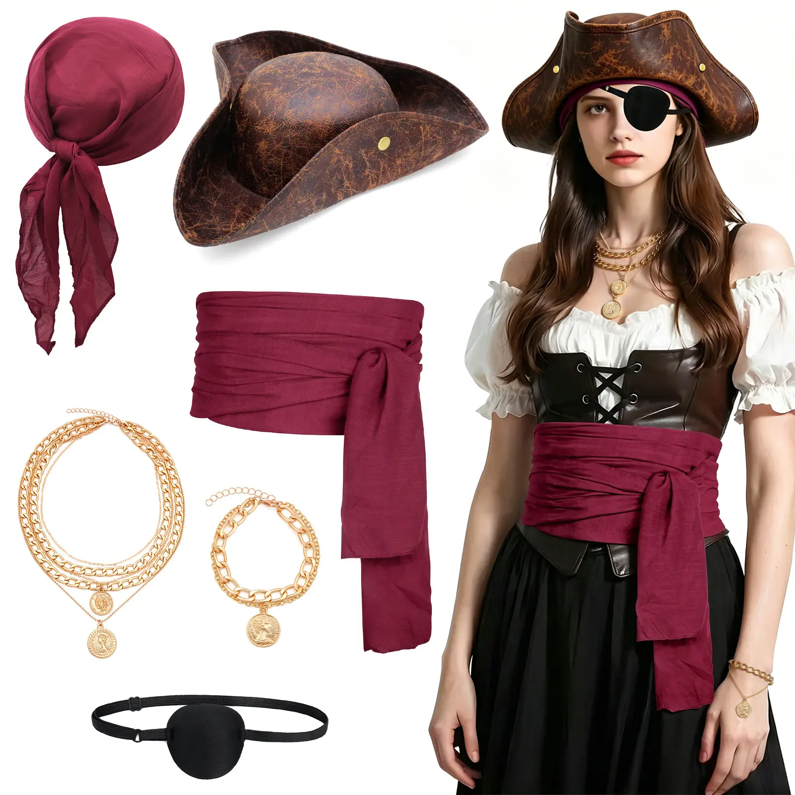 Viral 6 Pcs Pirate Costume Accessories Set Distressed Tricorn Hat Fabric Sash Headscarf Black Eyepatch Coin Necklace Bracelet Halloween Cosplay Renaissance Faire