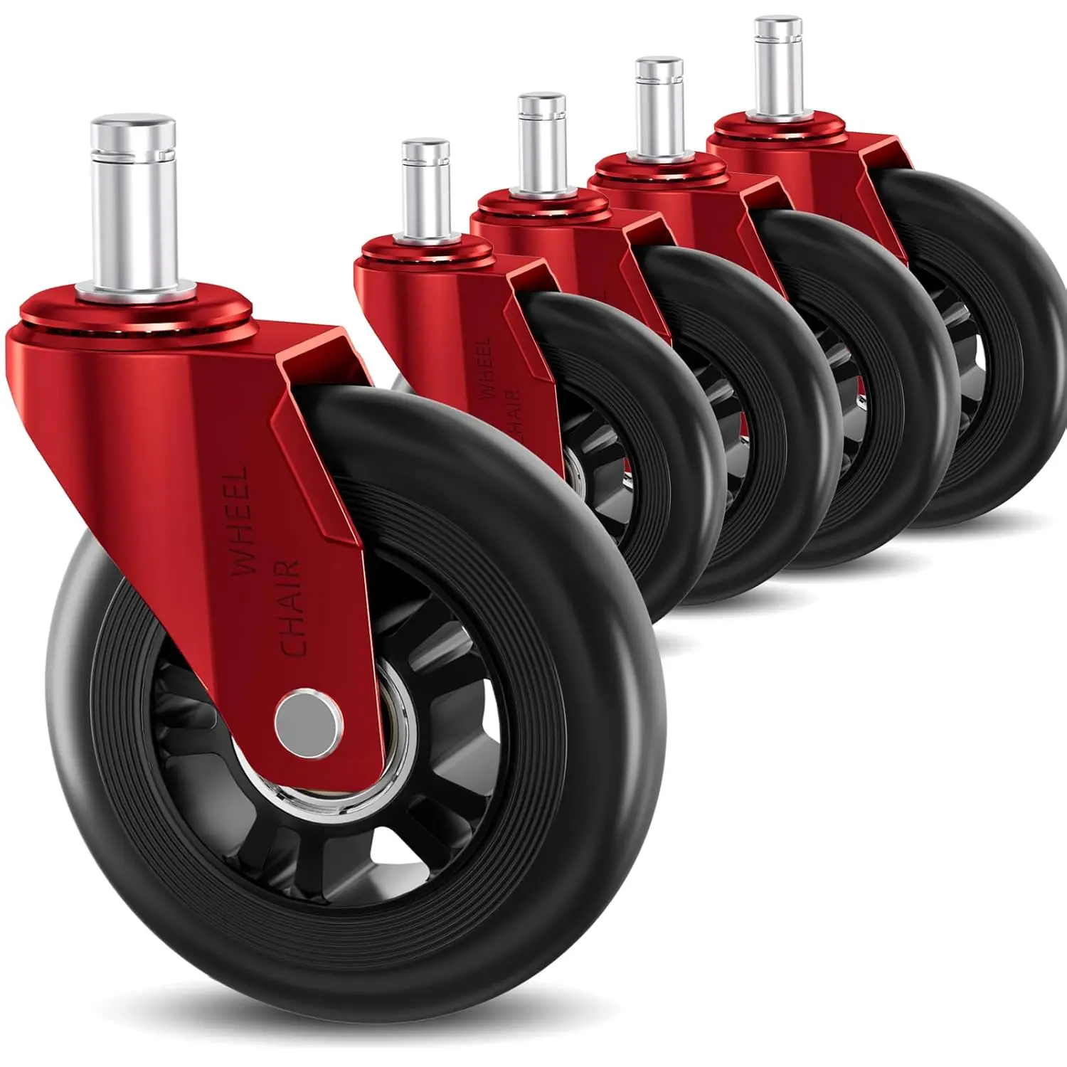 Red Office Chair Wheels 3" Roller Blade Chair Casters, Duty Quiet No Scratch Gaming Chair Wheel for Carpet, Set of 5, 11mm Fit/Not for 1KEA