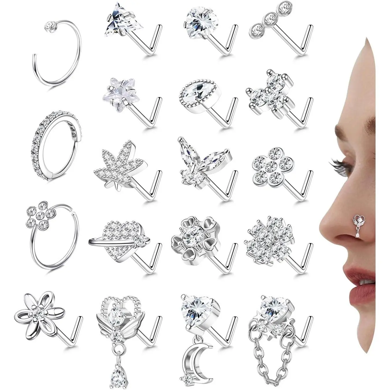 Nose Rings L Shaped Nose Studs Ring  Stainless Steel Nose Ring-Dangle CZ Butterfly Flower Nose Studs Hoops Piercings   for Women Men 20G /Blue/Clear