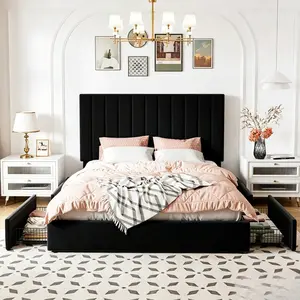 Multi-size Velvet Storage Bed with Adjustable Headboard, Vertical Channel Tufted Design, 4 Oversized Drawers & Wood Slats, Stylish Black Furniture for Bedroom Organization
