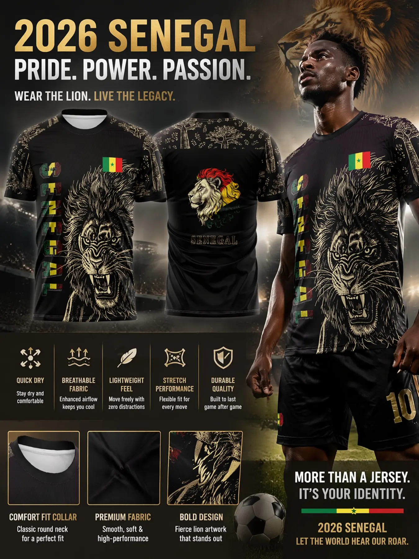 2026 Senegal Gold Lion Jersey, Men's Quick-Dry Soccer Shirt, Short Football Jerseys, Breathable Lightweight, Elastic Durable, African Traditional Patriotic Gift