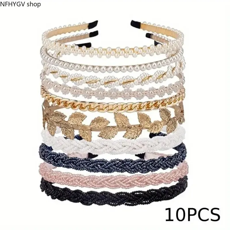 10 Pack Elegant Pearl Beaded Metal Headbands With Non-Slip Design, Lightweight Comfortable Decorative Hair Hoops, Classic All-Match Hair Accessories Suitable For Daily Casual Outfits, Dating And Party Styling For Women And Girls #summerwins