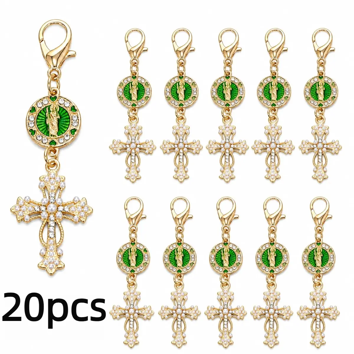 20pcs Rhinestone St Jude Cross Keychain Charms for Bags, Religious Saint Jude Medal Bag Pendants, Baptism Communion Confirmation Gifts, Back to School Favors