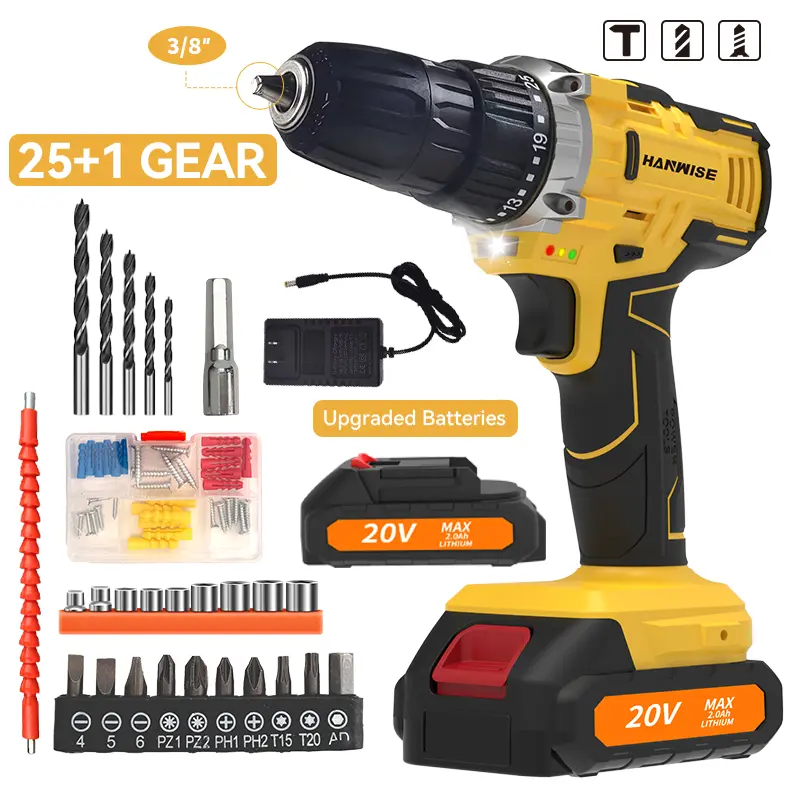 HANWISE 20V Cordless Rechargeable Drill Driver Set - Portable Drill with 2.0AH Rechargeable Batteries, 25+1 Clutch, Keyless Chuck, LED Light, 2 Variable Speeds for Home DIY Projects