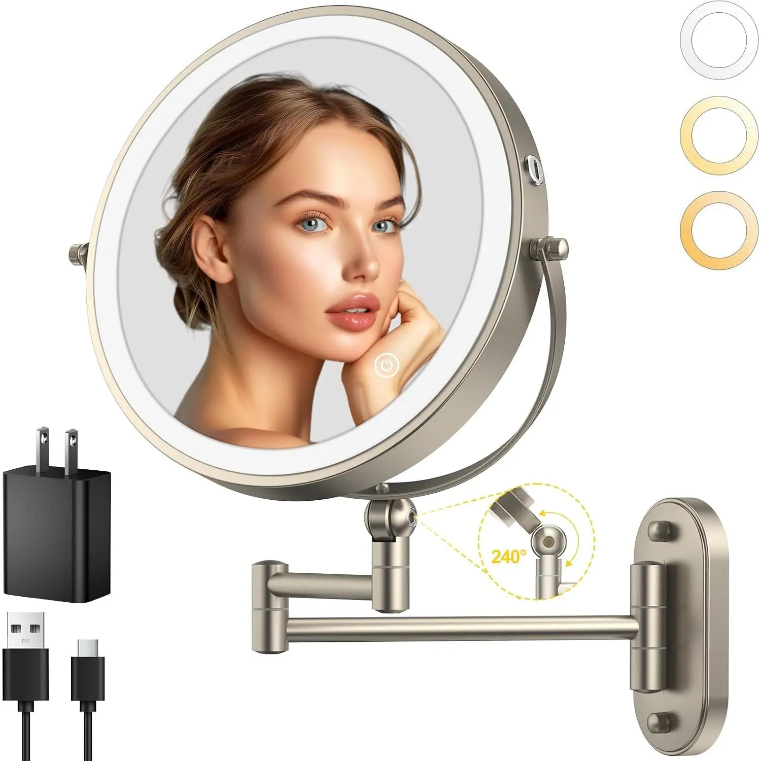 9" Wall Mounted Lighted Makeup Mirror,4000mAh Rechargeable Double Sided 1X/10X Magnifying Mirror with Light,3 Color Lights, Dimmable,Extended Arm 360 Rotation Wall Mounted Makeup Mirror