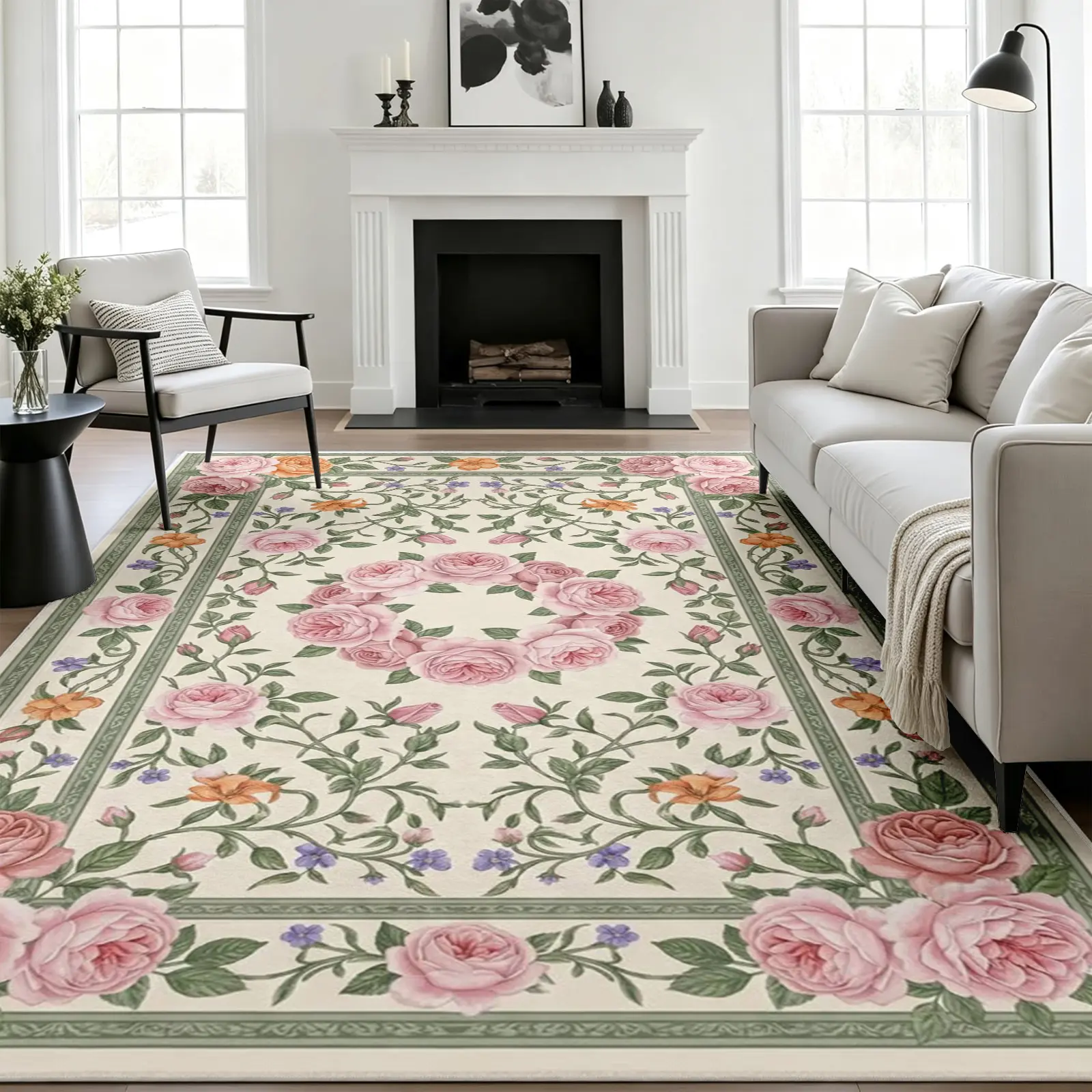 intage English Garden Area Rug, Realistic Pink & Yellow Floral Motif with Green Botanical Framing, Non-Slip Backing Machine Washable Carpet, Stain-Resistant Soft Floor Cover, Alfombras para Sala Rugs for Home, 8 x 10 ft Area Rugs