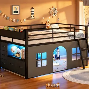 Low Loft Bed Twin Size with Tent, 5 Storage Drawers, LED Lights, Metal Kids Loft Bed with Bookcase & Under-Bed Play Space, Twin Loft Beds with 13.8''H Safety Guardrail, Inclined Ladder summergarden